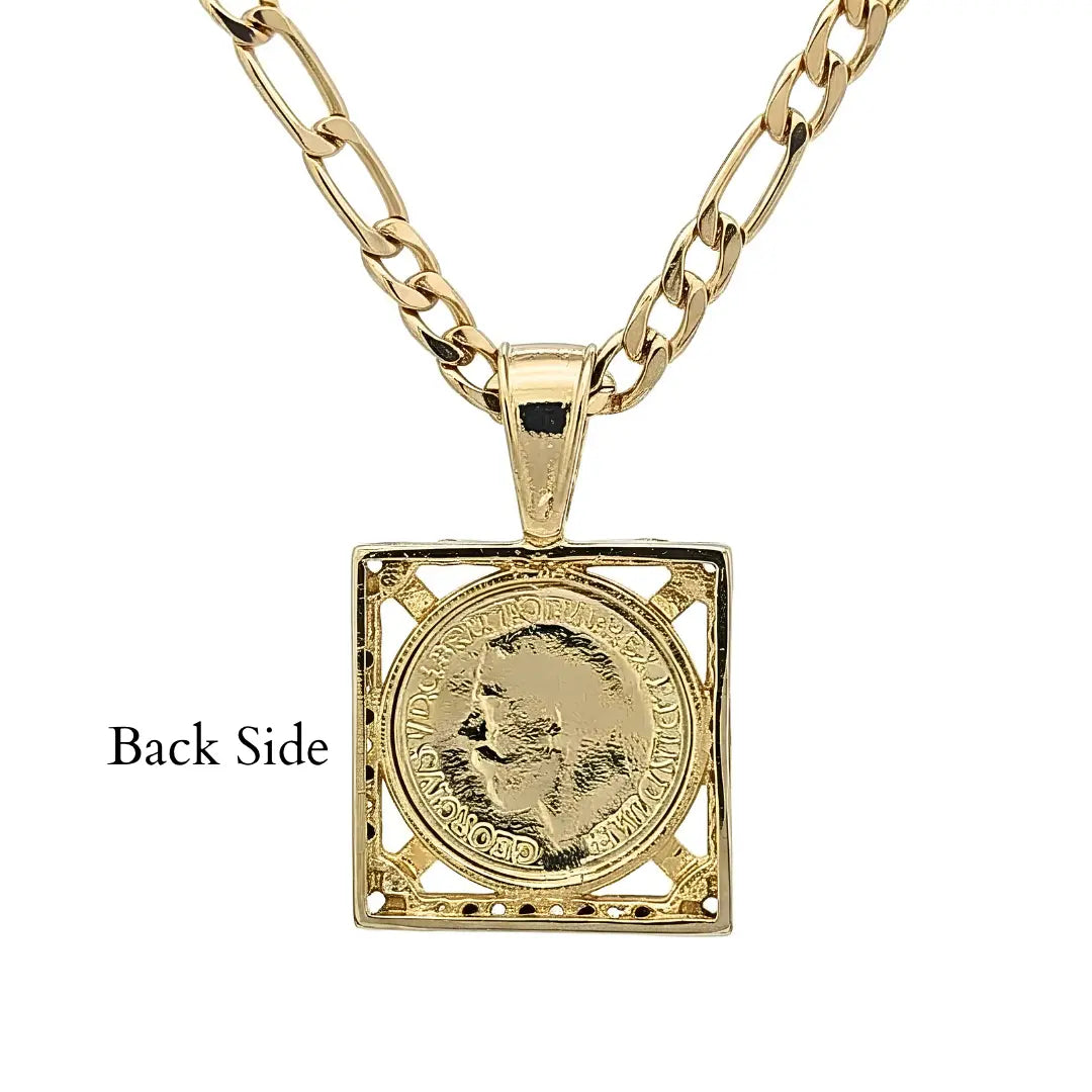 18K Gold Filled Square Sovereign Pendant Necklace with Black & White Diamonds – 20mm x 20mm Medallion with Pavé Dual-Tone Halo & 60cm x 6mm Figaro Chain for Men