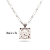 Silver Rhodium Plated Square Sovereign Pendant Necklace – 20mm x 20mm 1911 Medallion with Pavé CZ Frame & 60cm x 6mm Figaro Chain for Men