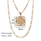 18K Gold Filled Square Sovereign Pendant Necklace with Black & White Diamonds – 20mm x 20mm Medallion with Pavé Dual-Tone Halo & 60cm x 6mm Figaro Chain for Men