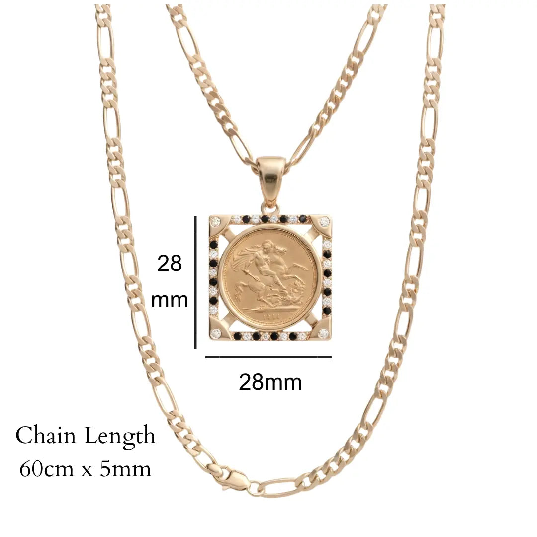 18K Gold Filled Square Sovereign Pendant Necklace with Black & White Diamonds – 20mm x 20mm Medallion with Pavé Dual-Tone Halo & 60cm x 6mm Figaro Chain for Men