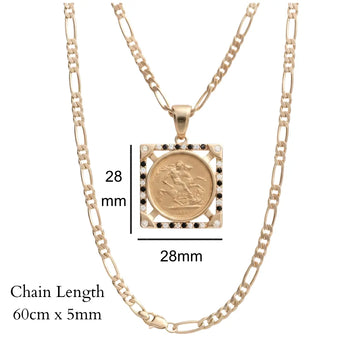 18K Gold Filled Square Sovereign Pendant Necklace with Black & White Diamonds – 20mm x 20mm Medallion with Pavé Dual-Tone Halo & 60cm x 6mm Figaro Chain for Men
