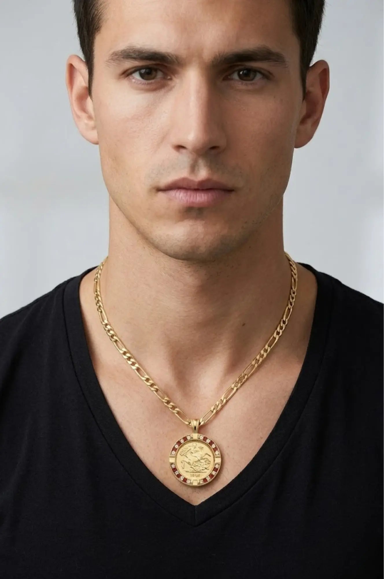 Gold Filled Customized Full Sovereign Pendant Necklace With Ruby & CZ