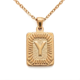 18K Gold Filled Initial Alphabet Pendant Necklace (A to Z) – Sunburst Rectangular Dog Tag Letter Necklace for Women