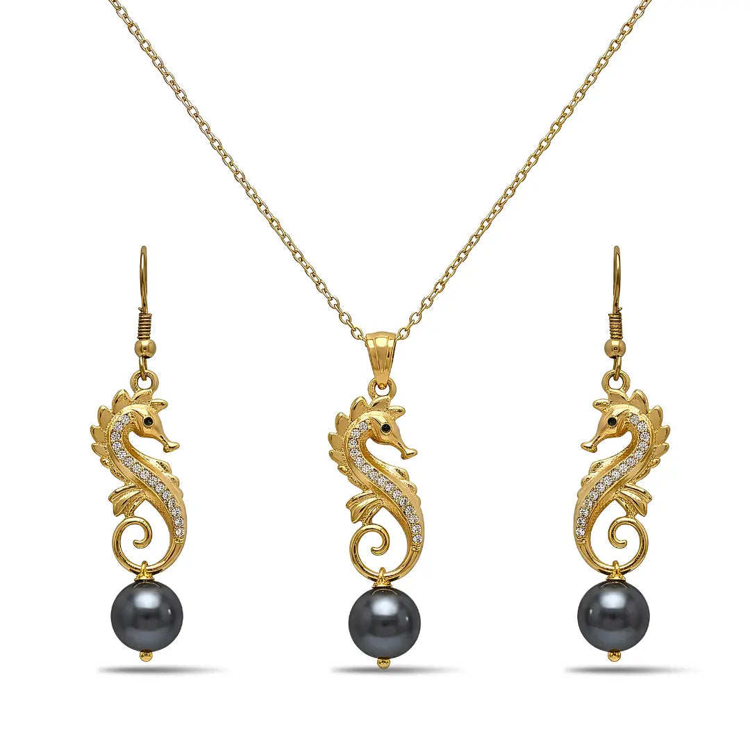 18K Gold Filled Hawaiian Seahorse Pendant Necklace – Sparkling Cubic Zirconia Seahorse with 12mm Pearl Charm on 60cm Chain for Women