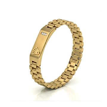18K Gold Stainless Steel Watch-Link Bracelet with 3 Diamond Accents & Signature Emblem – 12mm Wide Tarnish-Proof Band for Men (22cm)