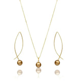 18K Gold Filled Hawaiian Pearl Necklace & Angled Drop Earrings Jewelry Set – 60cm Chain with 12mm Lustrous Island Pearl Pendant & 40mm Statement Earrings for Women