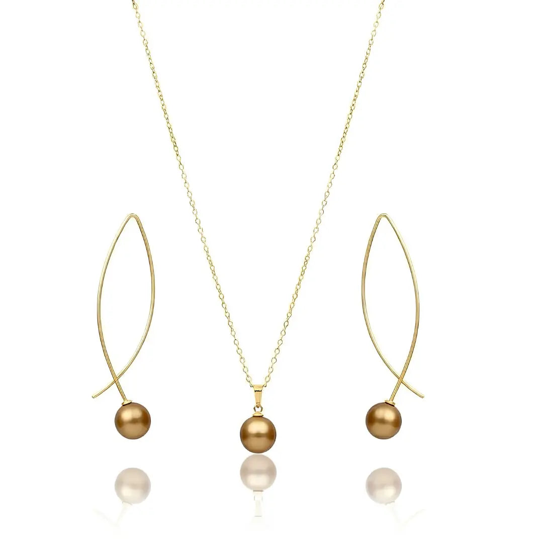 18K Gold Filled Hawaiian Pearl Necklace & Angled Drop Earrings Jewelry Set – 60cm Chain with 12mm Lustrous Island Pearl Pendant & 40mm Statement Earrings for Women