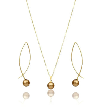 18K Gold Filled Hawaiian Pearl Necklace & Angled Drop Earrings Jewelry Set – 60cm Chain with 12mm Lustrous Island Pearl Pendant & 40mm Statement Earrings for Women