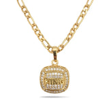 18K Gold Filled "KING" Inset Sovereign Pendant Necklace – 20mm x 20mm Chiseled Square Medallion with Deep Shadow Inset, Pavé Halo & 60cm+5cm Figaro Chain for Men