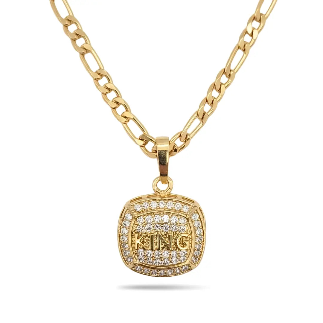 18K Gold Filled "KING" Inset Sovereign Pendant Necklace – 20mm x 20mm Chiseled Square Medallion with Deep Shadow Inset, Pavé Halo & 60cm+5cm Figaro Chain for Men