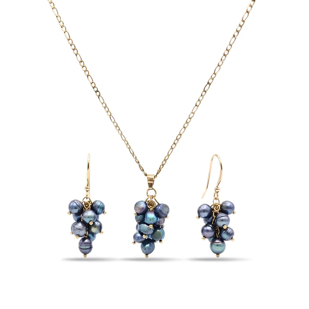 18K Gold Filled Baroque Pearl Set – Dark Iridescent Grape Cluster Pendant Necklace with 60cm Figaro Chain & Matching Drop Earrings