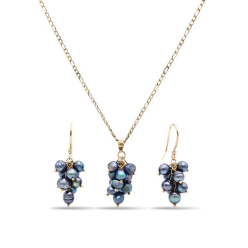 18K Gold Filled Baroque Pearl Set – Dark Iridescent Grape Cluster Pendant Necklace with 60cm Figaro Chain & Matching Drop Earrings