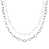 Silver Large Oval Link & Pearl Duo Layered Necklace Set – Chunky Paperclip Chain & Pearl Necklace Set for Men & Women