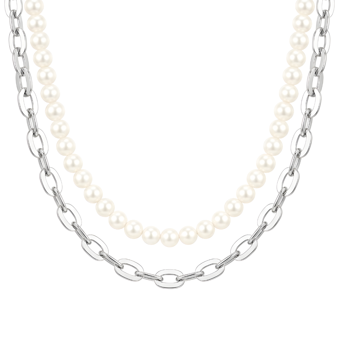 Silver Large Oval Link & Pearl Duo Layered Necklace Set – Chunky Paperclip Chain & Pearl Necklace Set for Men & Women