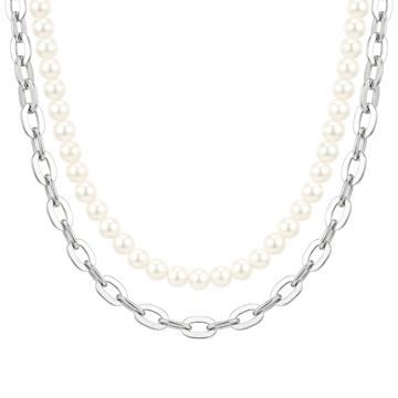 Silver Large Oval Link & Pearl Duo Layered Necklace Set – Chunky Paperclip Chain & Pearl Necklace Set for Men & Women