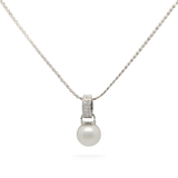 Sterling Silver White Pearl Pendant Necklace with Pavé Diamonds – Solitaire Pearl Drop Necklace for Women