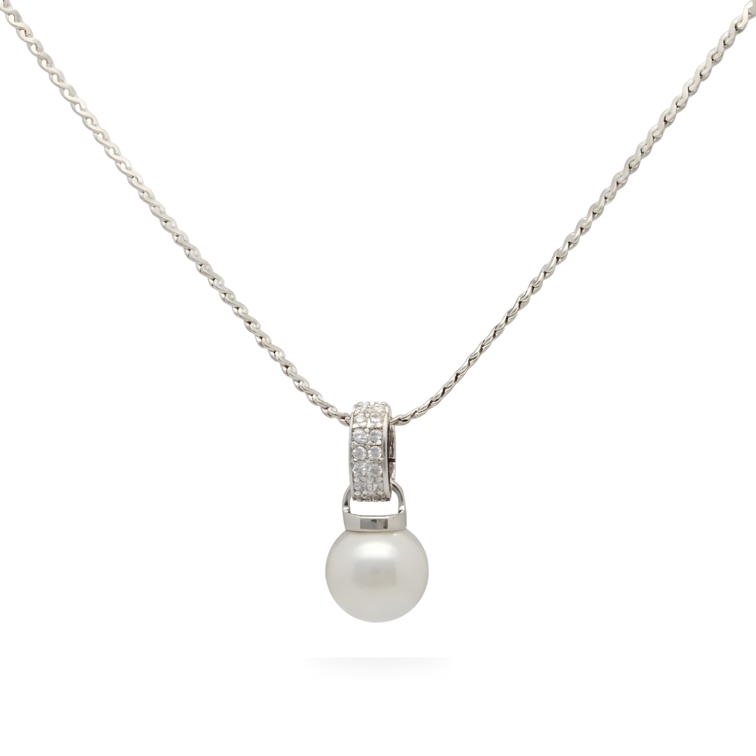 Silver White Pearl Pendant Necklace with Diamonds