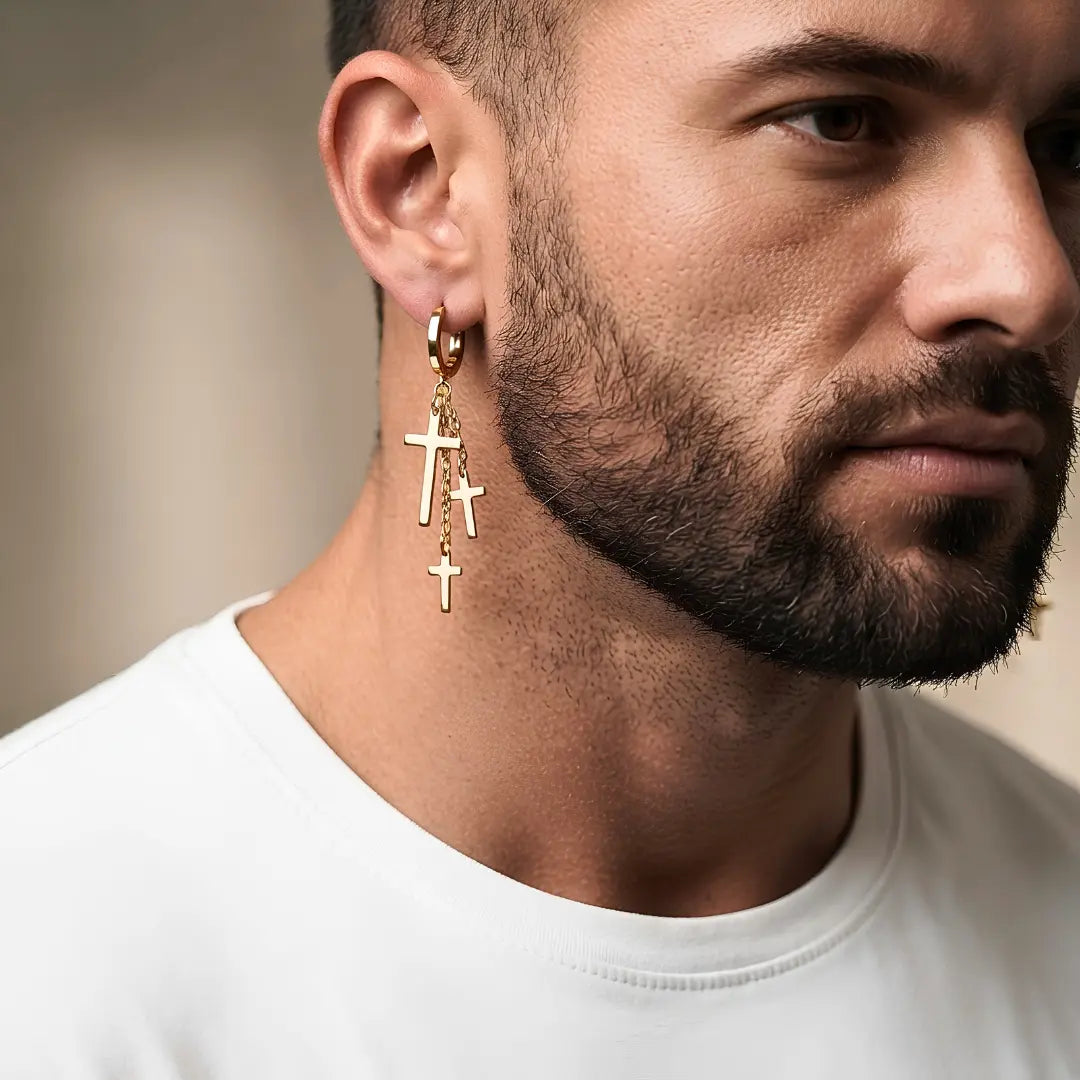 18K Gold Filled Multi-Cross Dangle Hoop Earrings – 55mm Cascading Cross Huggies for Women & Men