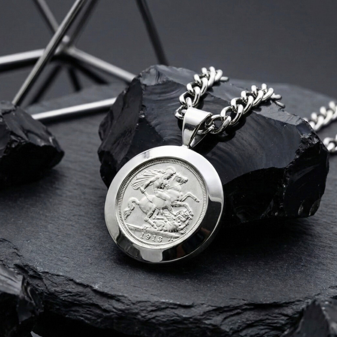 Silver Rhodium Plated Full Sovereign Pendant Necklace 1913