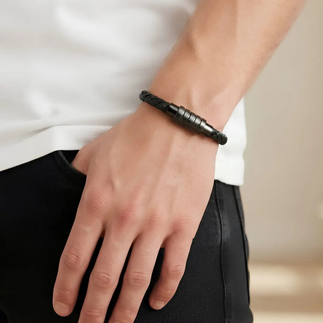 Braided Black Leather Bracelet with Gunmetal Magnetic Clasp (21cm) – Rugged Men's Casual Wristwear