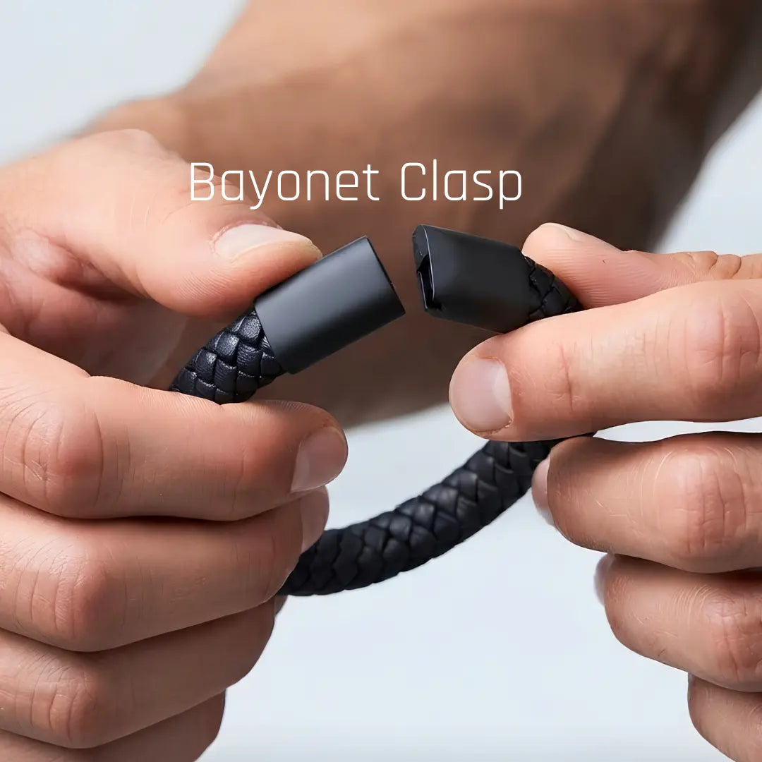 Men’s Black Braided Leather Bracelet (21cm / 12mm) – Rugged Woven Leather Wristband with Matte Black Bayonet Clasp
