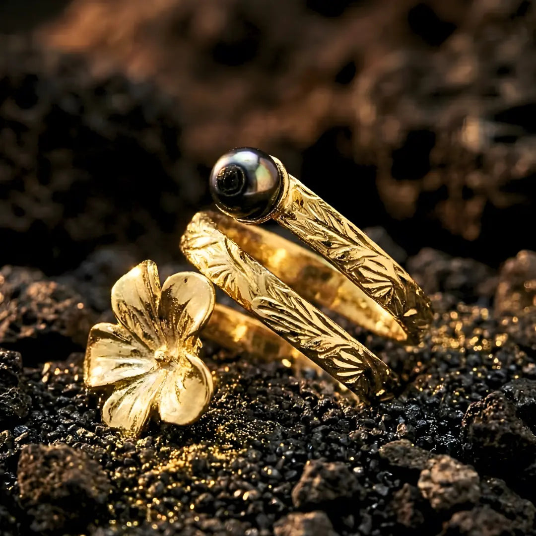 18K Gold Filled Hawaiian Plumeria Ring with Black Pearl