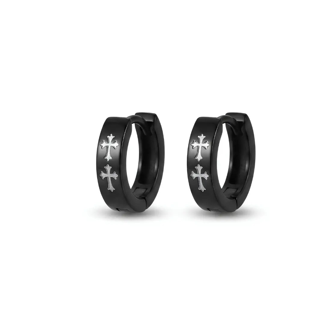 Men’s Black Cross Hoop Earrings (18mm) – Bold Stainless Steel Dangle Huggie Earrings for Modern Street Style