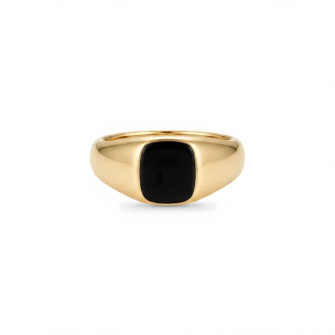 18K Gold Filled Men’s Black Agate Signet Ring (US Size 15) – Tarnish-Proof Luxury Statement Ring