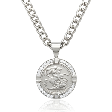 Silver  1913 Full Sovereign Pendant Necklace with Diamonds