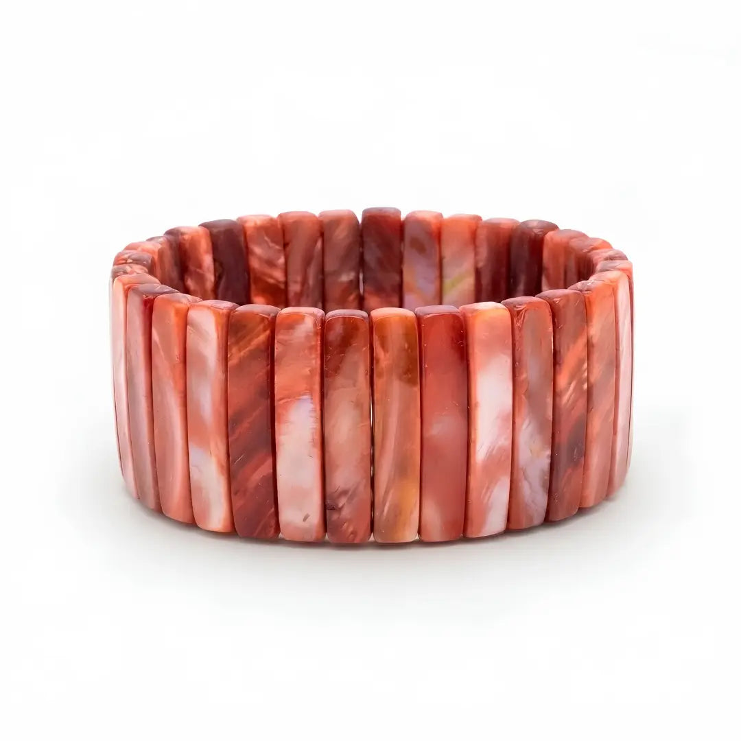 Mother of Pearl Hawaiian Stretch Bracelet (30mm) – Natural Shell Statement Cuff in Rich Brown & Red Tones