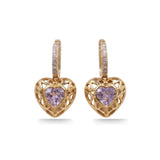 18K Gold Filled Puffed Heart Hoop Earrings with Purple Stone (30mm) – Tarnish-Proof Crystal Drop Earrings
