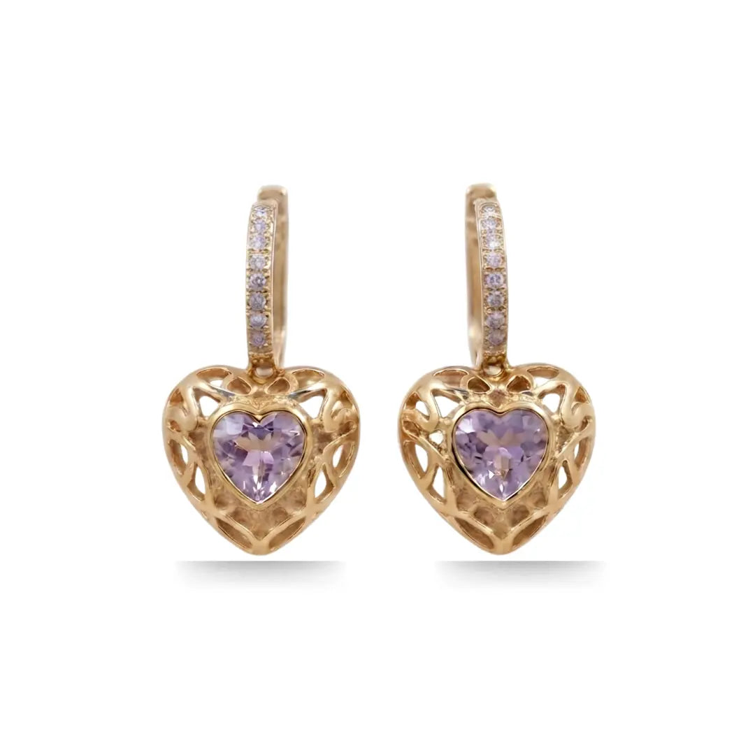 18K Gold Filled Puffed Heart Hoop Earrings with Purple Stone (30mm) – Tarnish-Proof Crystal Drop Earrings