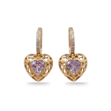 18K Gold Filled Puffed Heart Hoop Earrings with Purple Stone (30mm) – Tarnish-Proof Crystal Drop Earrings