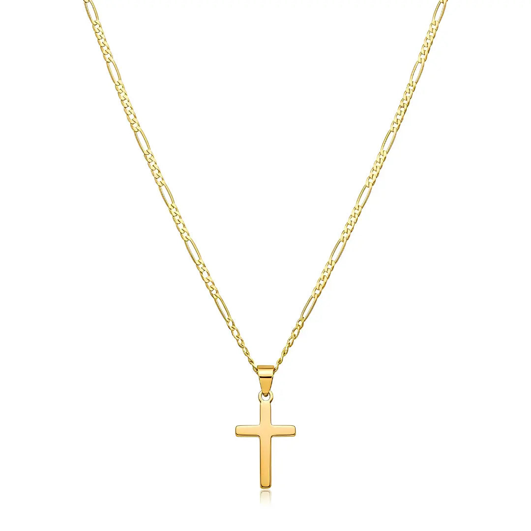 14K Gold Filled Latin Cross Necklace – 18mm Polished Cross Pendant with 58cm x 2mm Italian Figaro Chain for Men & Women