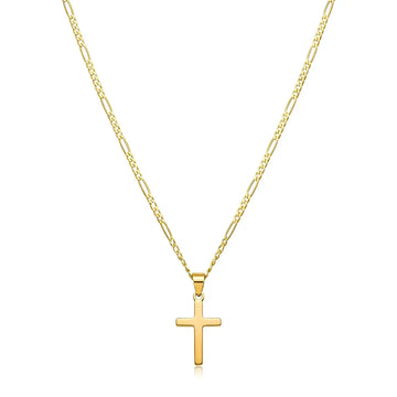 14K Gold Filled Latin Cross Necklace – 18mm Polished Cross Pendant with 58cm x 2mm Italian Figaro Chain for Men & Women