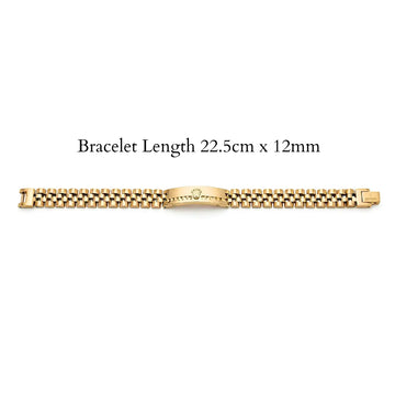 18K Gold Stainless Steel Watch-Link Bracelet with 3 Diamond Accents & Signature Emblem – 12mm Wide Tarnish-Proof Band for Men (22cm)