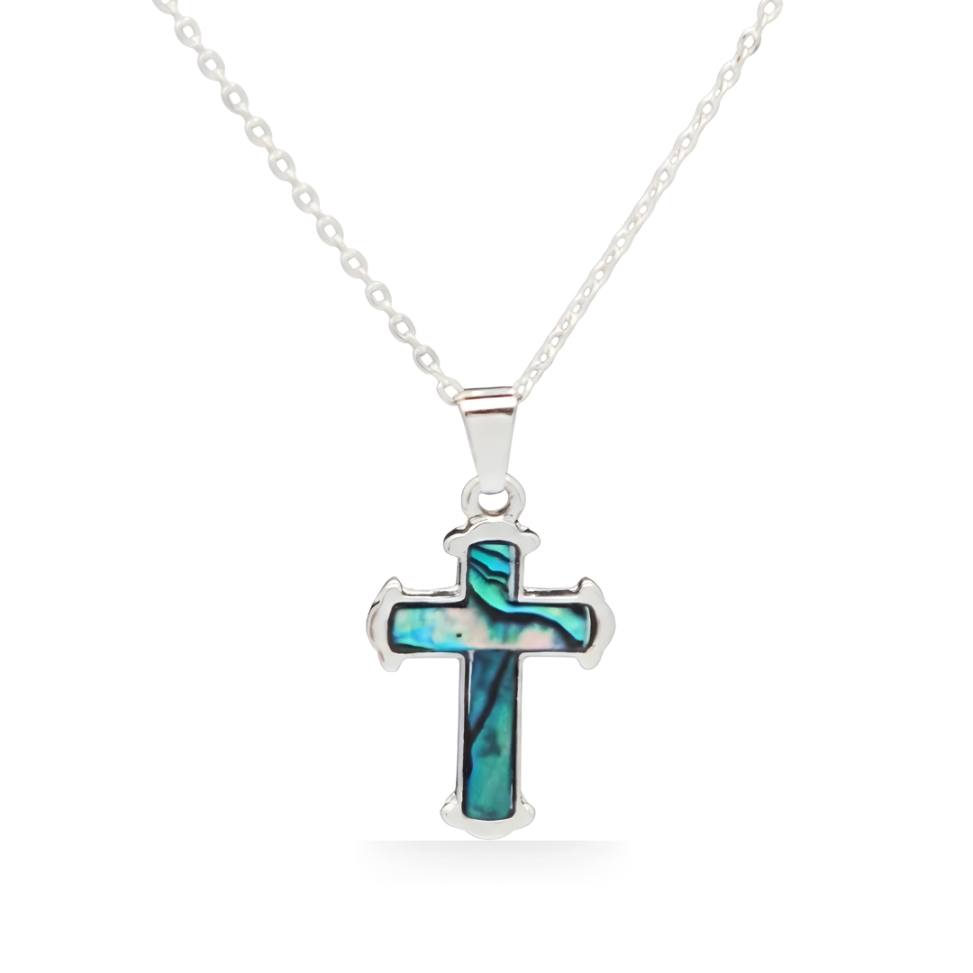 Silver Paua Shell Cross Necklace  45cm Cable Chain