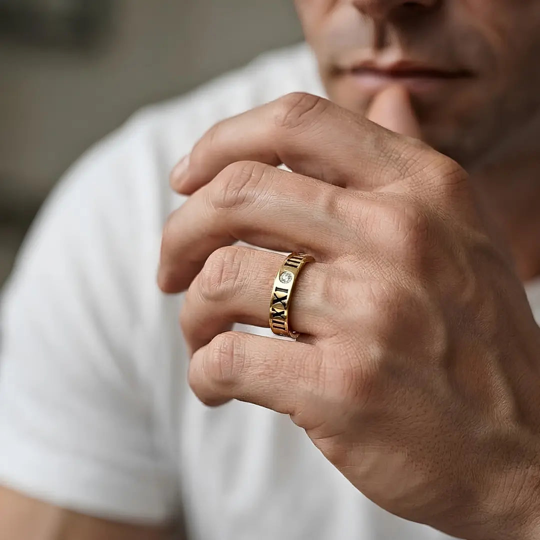 Unisex Gold Roman Numeral Diamond Ring