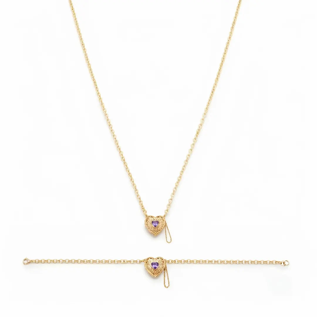 18K Gold Filled Belcher Chain Heart Necklace & Adjustable Bracelet Set – Tarnish-Proof Floral Crystal Jewelry