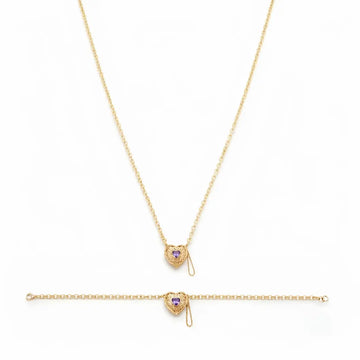 18K Gold Filled Belcher Chain Heart Necklace & Adjustable Bracelet Set – Tarnish-Proof Floral Crystal Jewelry