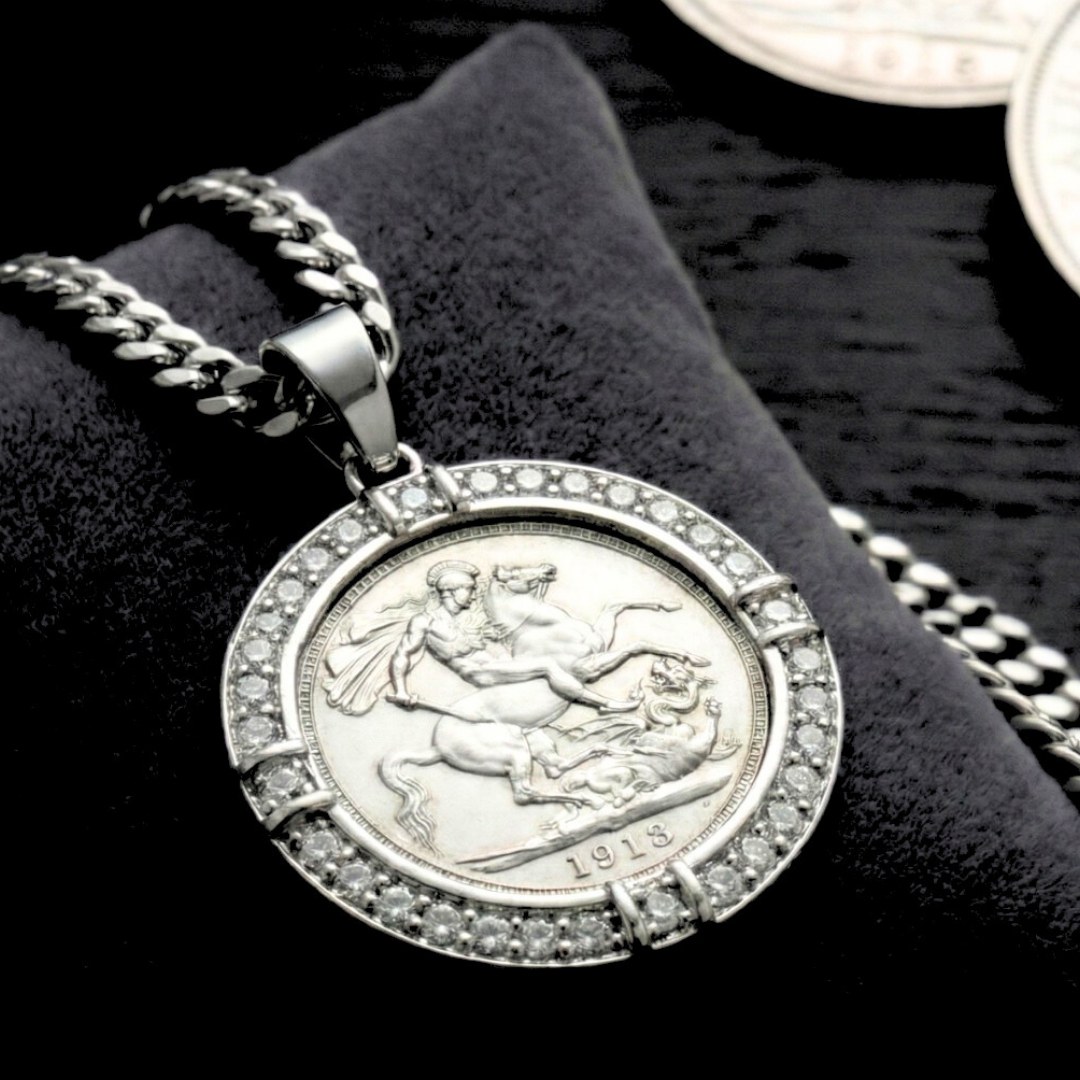 Silver  1913 Full Sovereign Pendant Necklace with CZ