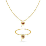 18K Gold Filled Belcher Chain Heart Necklace & Adjustable Bracelet Set – Tarnish-Proof Floral Ruby Red Crystal Jewelry