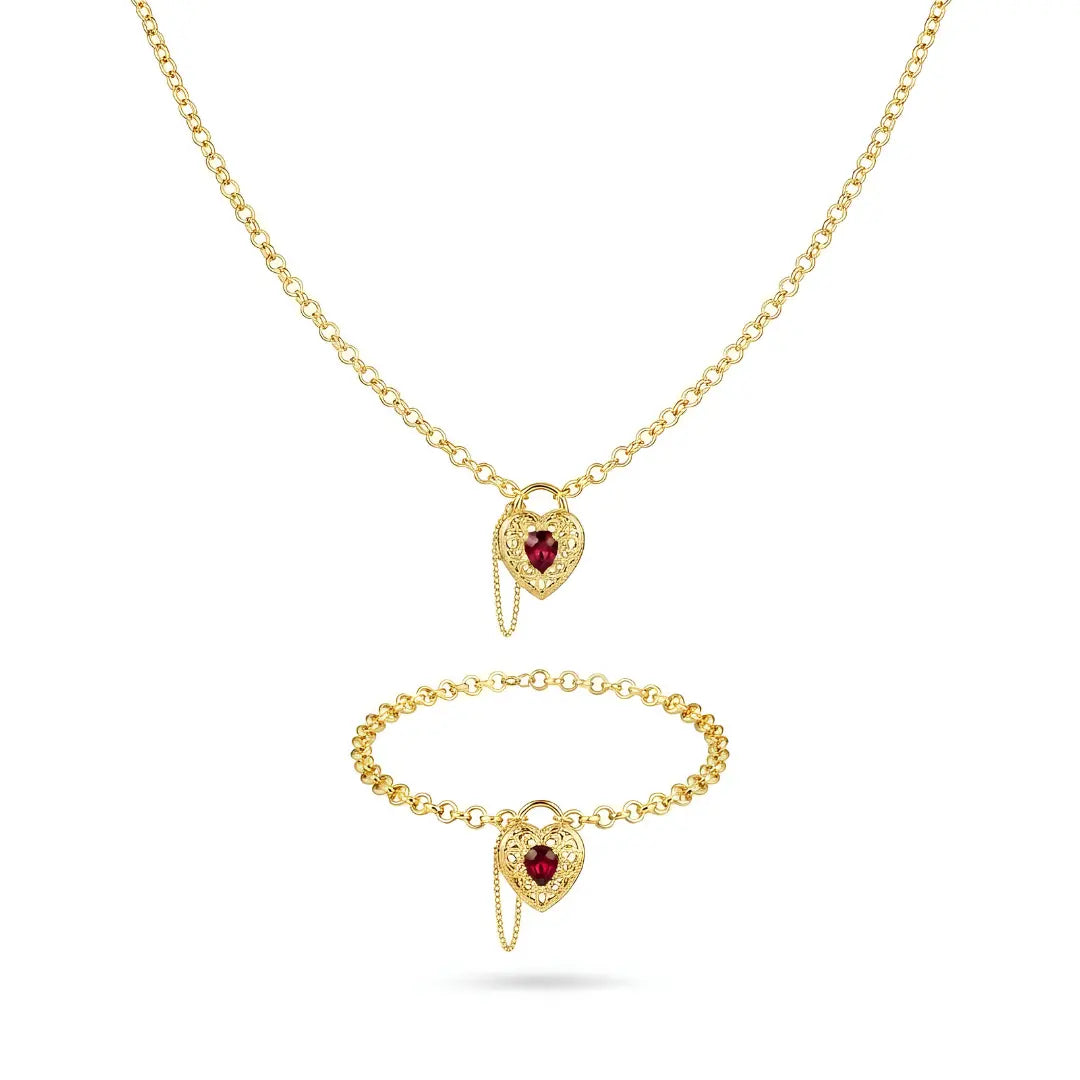 18K Gold Filled Belcher Chain Heart Necklace & Adjustable Bracelet Set – Tarnish-Proof Floral Ruby Red Crystal Jewelry