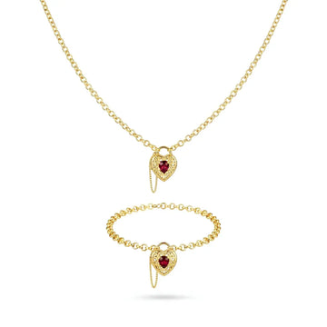 18K Gold Filled Belcher Chain Heart Necklace & Adjustable Bracelet Set – Tarnish-Proof Floral Ruby Red Crystal Jewelry