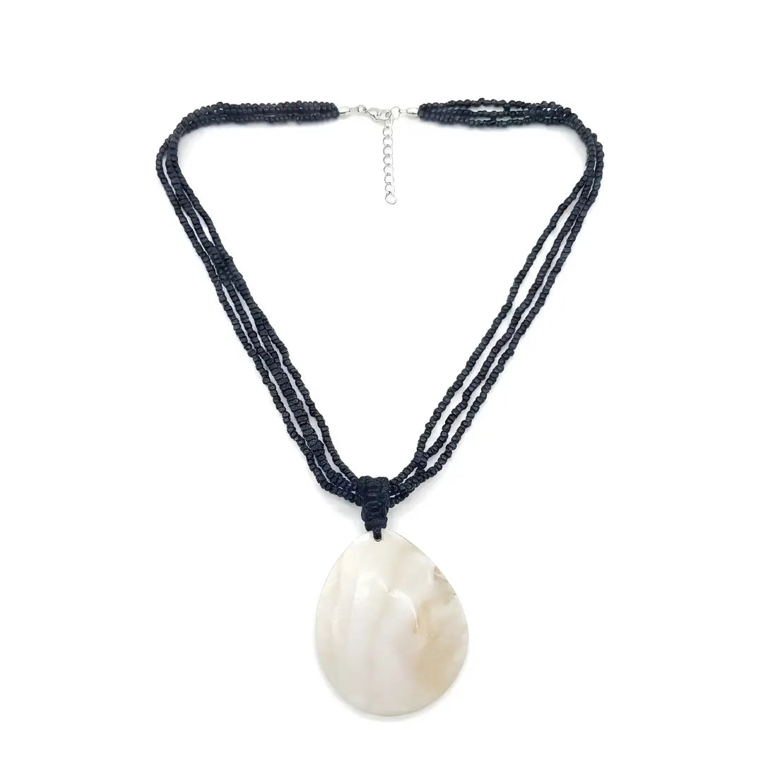 Women’s Black Beaded 3-Layer Necklace with Oval Mother of Pearl Pendant