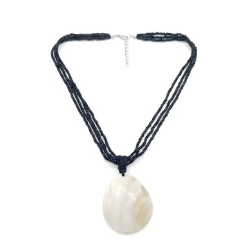Women’s Black Beaded 3-Layer Necklace with Oval Mother of Pearl Pendant