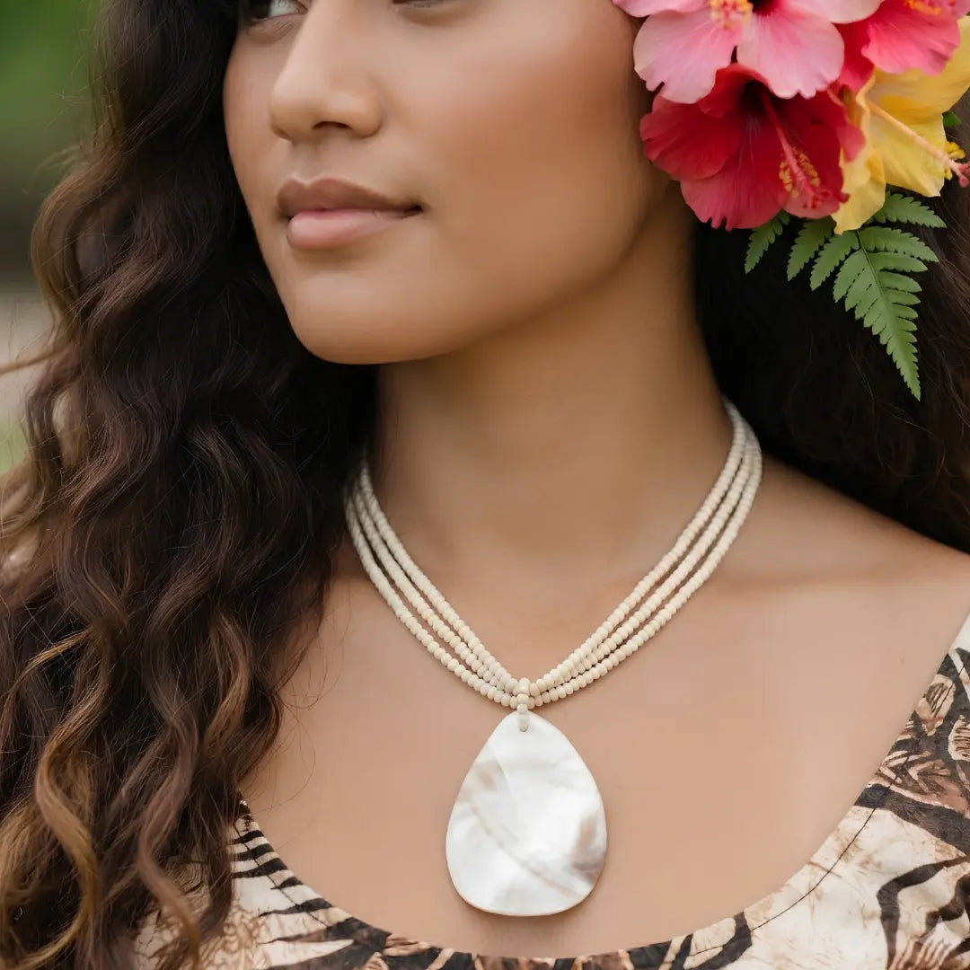 Off-White Beaded Strands Necklace with Natural Oval Mother of Pearl Pendant