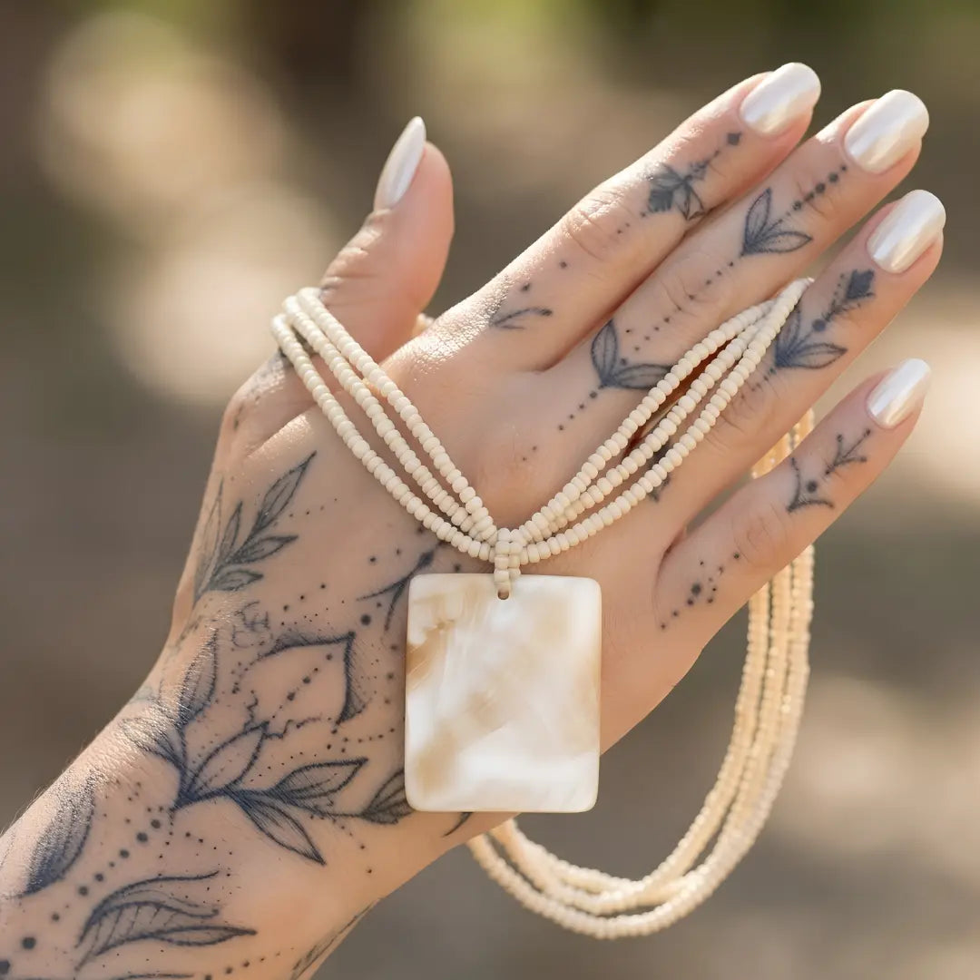 Off-White Beaded Strands Necklace with Natural Square Mother of Pearl Pendant