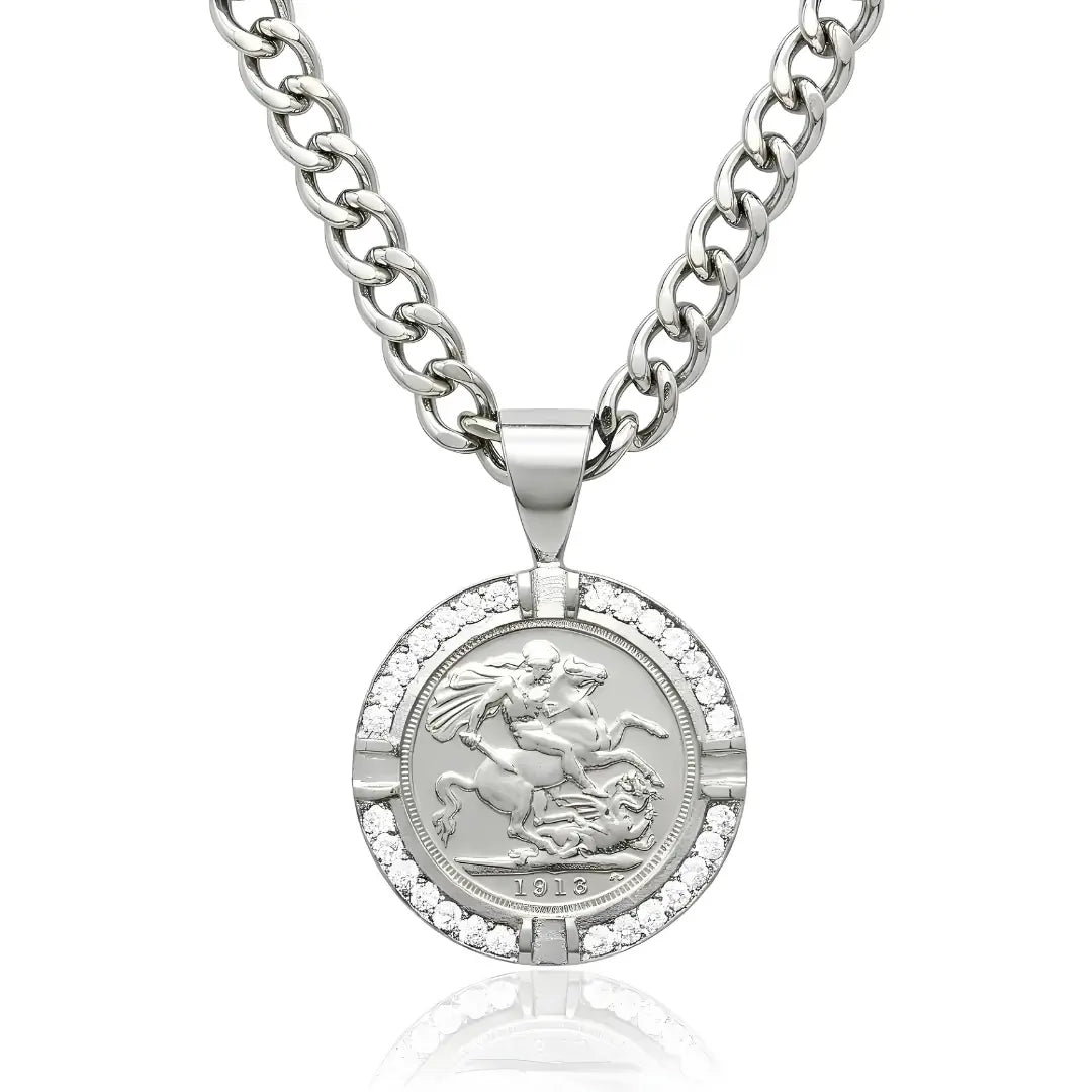 1913 Sovereign Pendant with Diamonds & Cuban Link Chain - Silver Rhodium Plated Tarnish-Proof