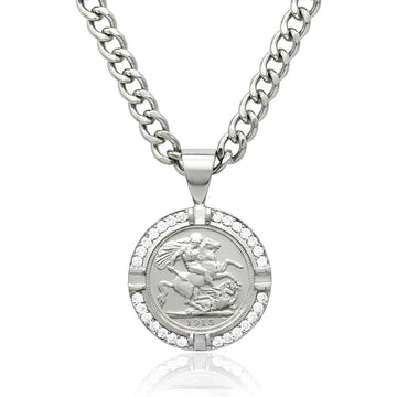 1913 Sovereign Pendant with Diamonds & Cuban Link Chain - Silver Rhodium Plated Tarnish-Proof
